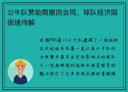 公牛队赞助商撤回合同，球队经济陷困境待解
