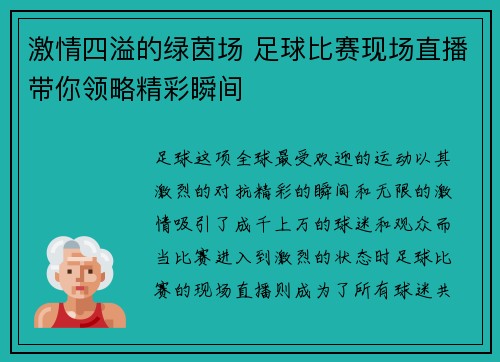 激情四溢的绿茵场 足球比赛现场直播带你领略精彩瞬间